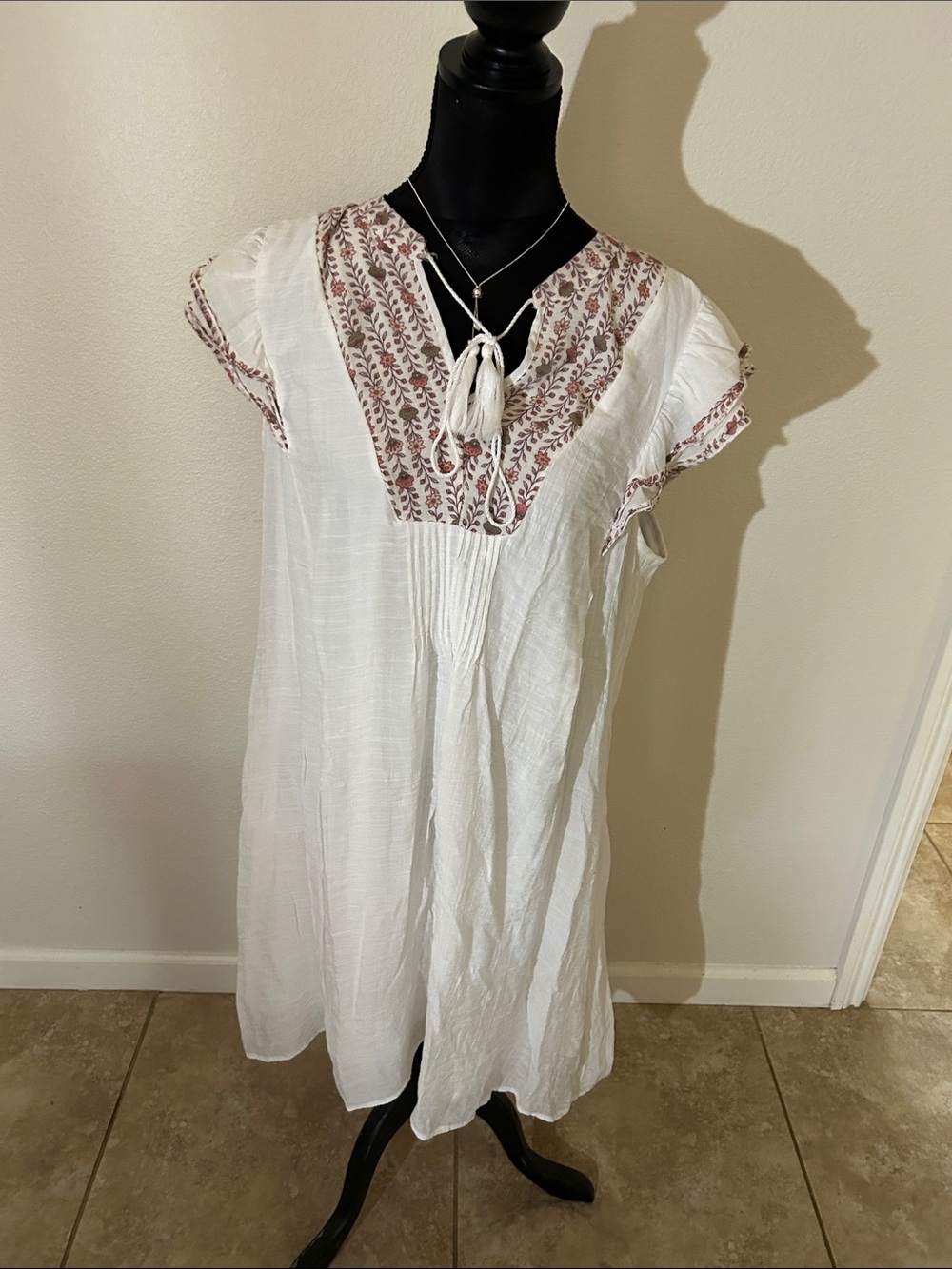 White Embroidered V-Neck Swim Coverup with Pink Floral Yoke